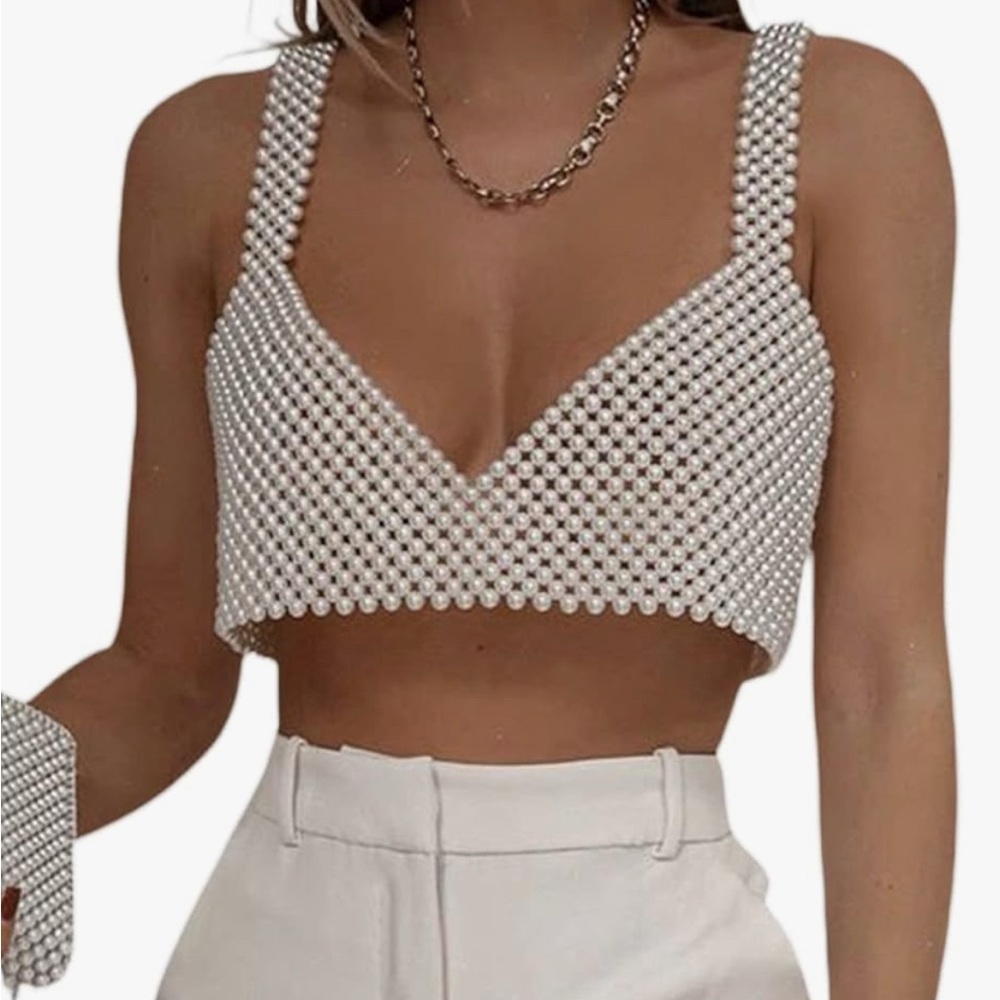 Pearl Beaded Crop Top White Embellished Statement Party Top Bridal Bachelorette